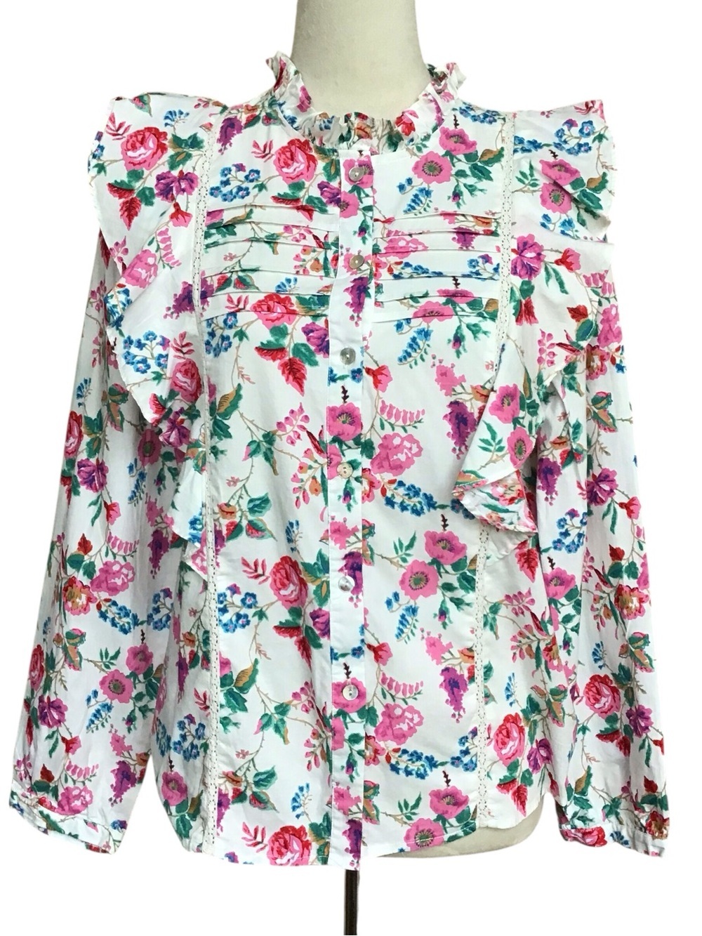 Lovie & Co Floral Ruffle Lace Cotton Button Down Peasant Blouse Size Lar…
